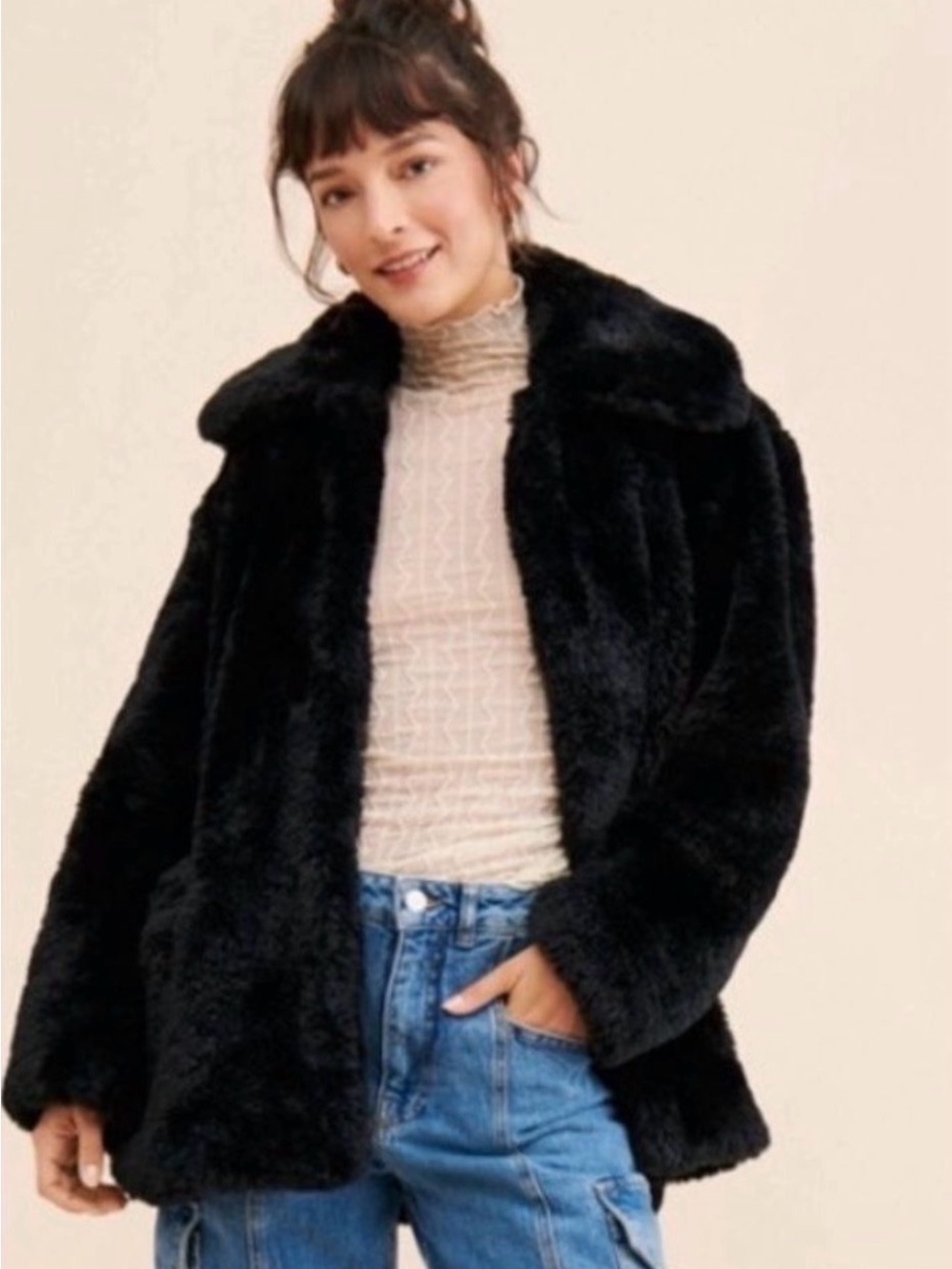 Free People Black Pretty Perfect Faux Fur Teddy Peacoat Jacket